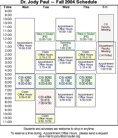 Schedule for Dr. Jody Paul; Mon: 5-7 CSI4260, 7-9 OffHrs; Tue: 12-1 Step-n-Sulpt, 2-3 OffHrs, 5-7 CSI3050, 7-10 CSI4284, 10-11 OffHrs; Wed: 1-2 Spinning, 6-7 CSI4260; Thu: 12-1 Step-n-Sculpt, 2-3 OffHrs, 5-7 CDSI3050