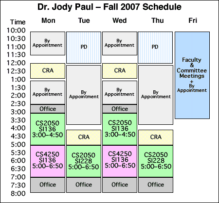 Academic Schedule chart for Dr. Jody Paul, Fall 2007