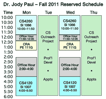 Academic Schedule chart for Dr. Jody Paul, Spring 2011