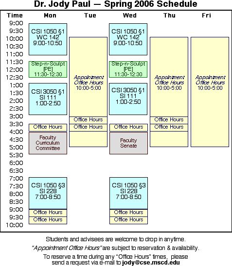 Academic Schedule chart for Dr. Jody Paul, Spring 2006