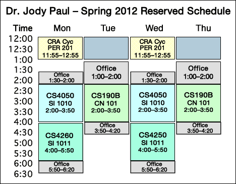 Fall 2012 Schedule for Dr. Jody Paul